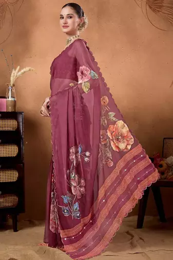 Purple elegant printed organza saree with blouse piece