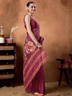 Purple elegant printed organza saree with blouse piece 4