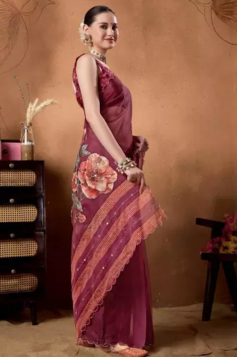 Purple elegant printed organza saree with blouse piece