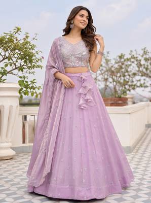 Lavender Scattered Bead Floral Buta Work Fendy Silk Flared Lehenga Choli with Blouse | Fully Stitched 2