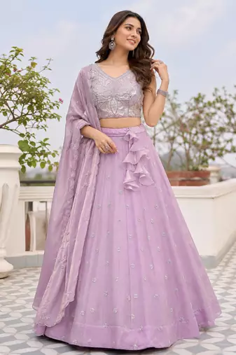 Lavender Scattered Bead Floral Buta Work Fendy Silk Flared Lehenga Choli with Blouse | Fully Stitched