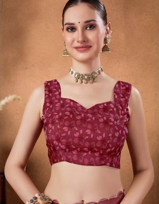 Purple elegant printed organza saree with blouse piece 5