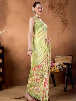 Green elegant printed organza saree with blouse piece 2