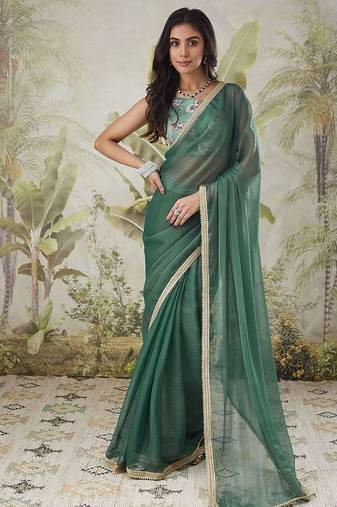 Green plain chiffon designer saree with blouse piece