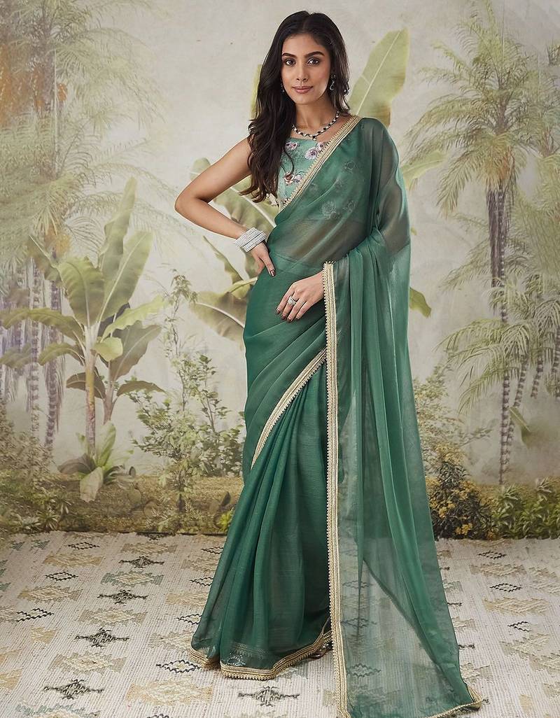 Green plain chiffon designer saree with blouse piece