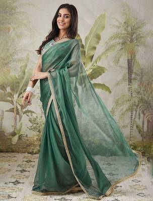 Green plain chiffon designer saree with blouse piece 2