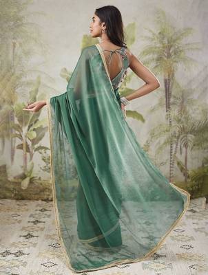 Green plain chiffon designer saree with blouse piece 3