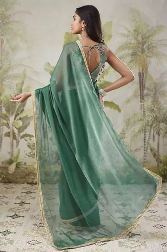 Green plain chiffon designer saree with blouse piece