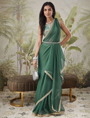 Green plain chiffon designer saree with blouse piece 4