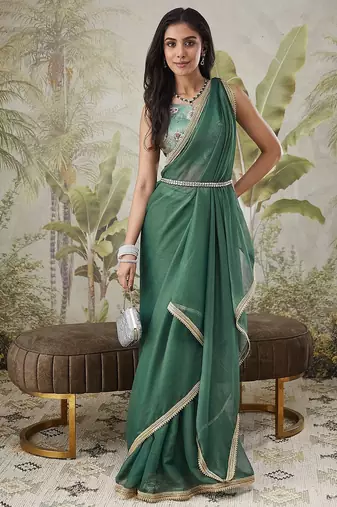 Green plain chiffon designer saree with blouse piece