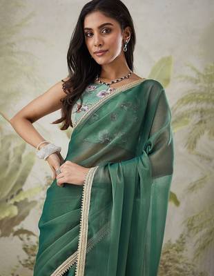 Green plain chiffon designer saree with blouse piece 5