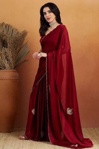 Maroon embroidered chiffon occasion wear saree with blouse piece
