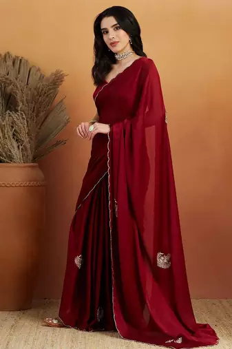 Maroon embroidered chiffon occasion wear saree with blouse piece