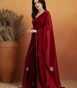 Maroon embroidered chiffon occasion wear saree with blouse piece