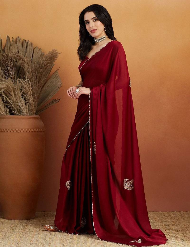 Maroon embroidered chiffon occasion wear saree with blouse piece