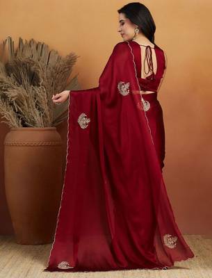 Maroon embroidered chiffon occasion wear saree with blouse piece 2