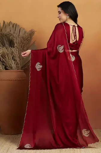 Maroon embroidered chiffon occasion wear saree with blouse piece