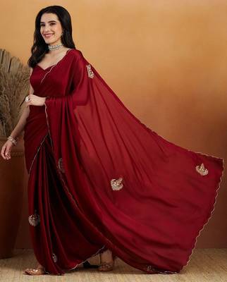 Maroon embroidered chiffon occasion wear saree with blouse piece 3