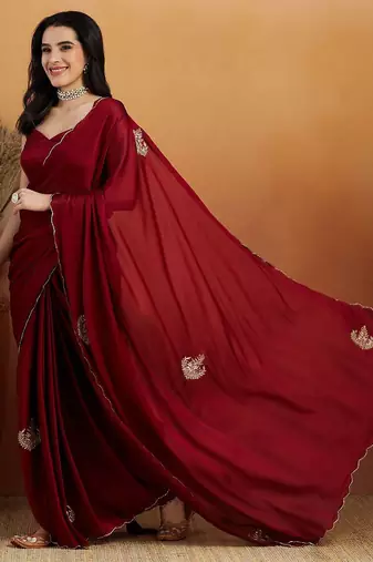 Maroon embroidered chiffon occasion wear saree with blouse piece