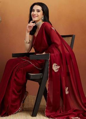 Maroon embroidered chiffon occasion wear saree with blouse piece 4