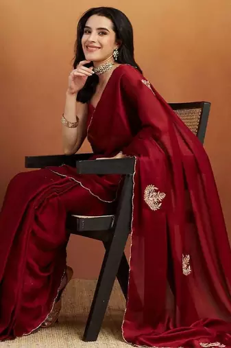 Maroon embroidered chiffon occasion wear saree with blouse piece