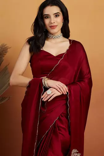 Maroon embroidered chiffon occasion wear saree with blouse piece