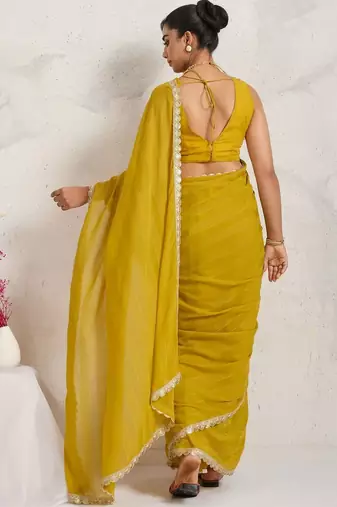 Yellow elegant printed georgette saree with blouse piece