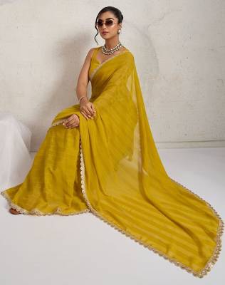 Yellow elegant printed georgette saree with blouse piece 5