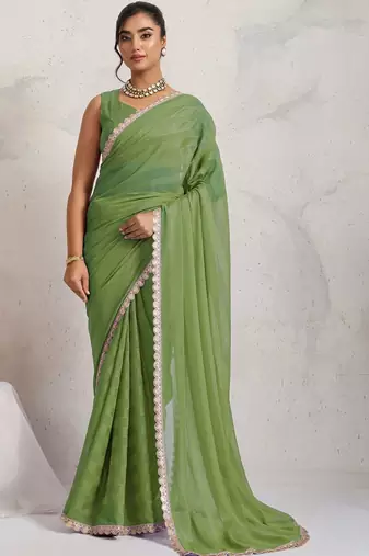 Green printed pure georgette casual saree with blouse piece
