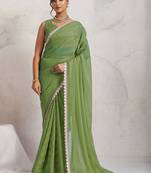 Green printed pure georgette casual saree with blouse piece