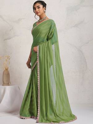 Green printed pure georgette casual saree with blouse piece 2