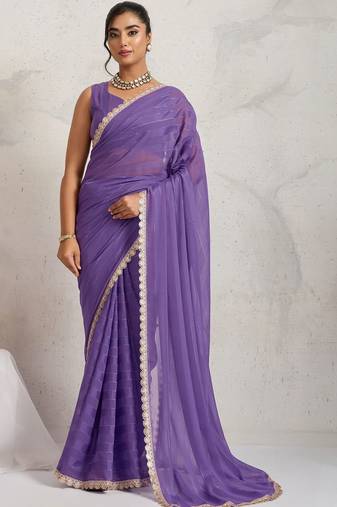 Purple elegant printed georgette saree with blouse piece