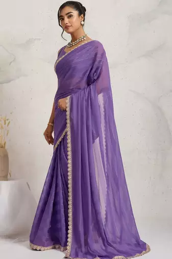 Purple elegant printed georgette saree with blouse piece