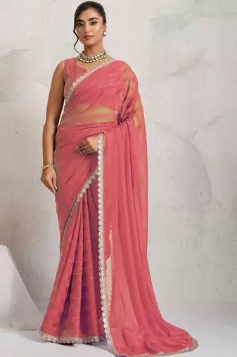 Red elegant printed georgette saree with blouse piece