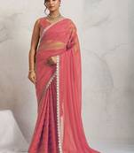 Red elegant printed georgette saree with blouse piece