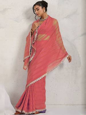 Red elegant printed georgette saree with blouse piece 4