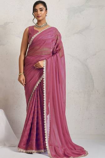 Pink elegant printed georgette saree with blouse piece