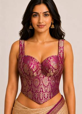 Magenta zari woven jacquard silk designer readymade saree blouse for women wedding party wear 2