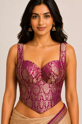 Magenta zari woven jacquard silk designer readymade saree blouse for women wedding party wear