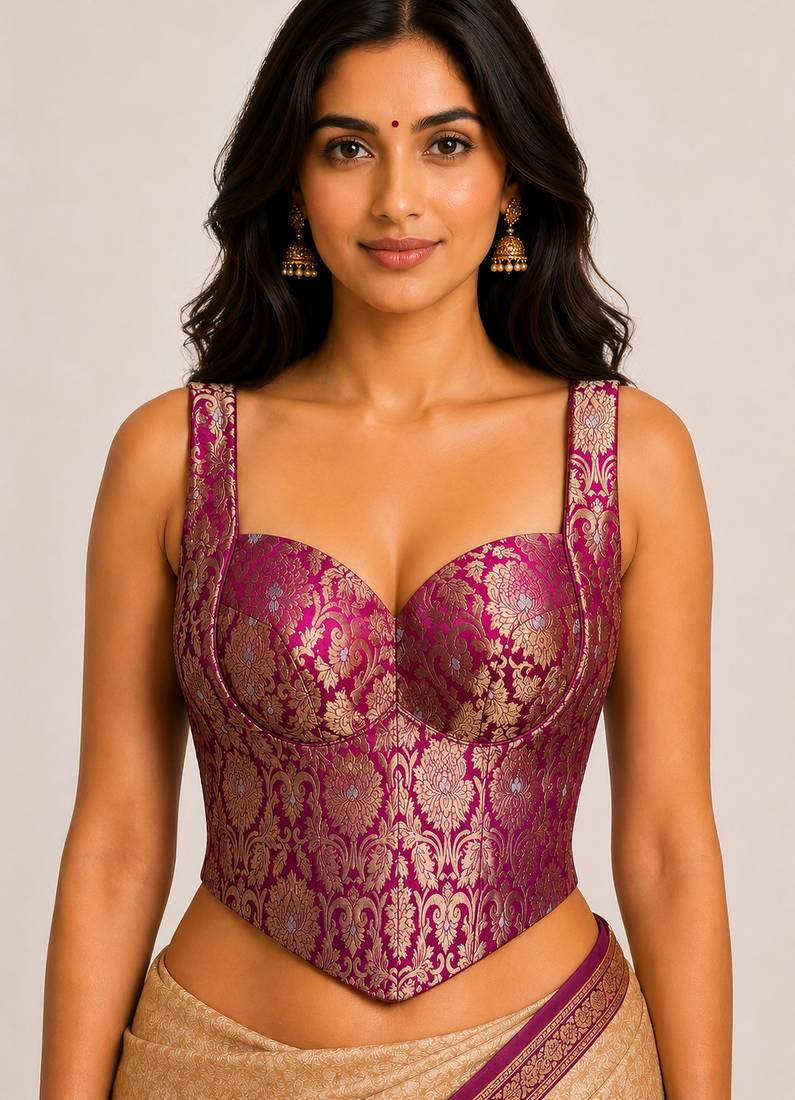 Magenta zari woven jacquard silk designer readymade saree blouse for women wedding party wear