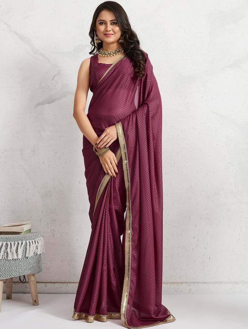 Maroon plain georgette designer saree with blouse piece