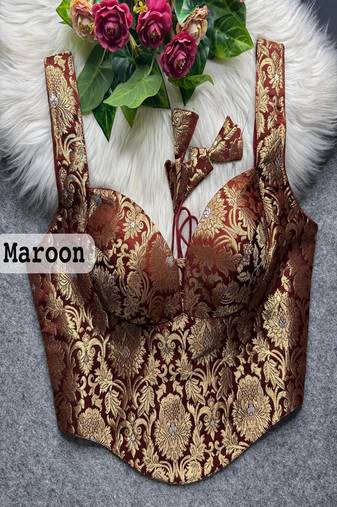 Maroon zari woven jacquard silk designer readymade saree blouse for women wedding party wear