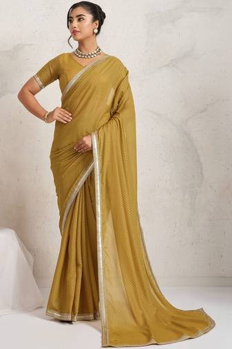 Mustard plain georgette designer saree with blouse piece