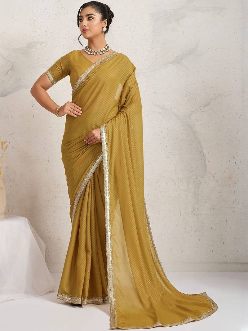 Mustard plain georgette designer saree with blouse piece