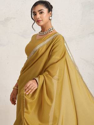 Mustard plain georgette designer saree with blouse piece 2