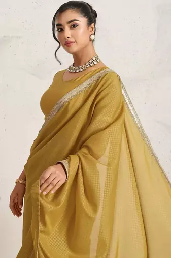 Mustard plain georgette designer saree with blouse piece