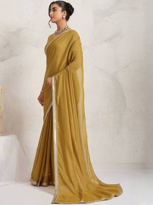Mustard plain georgette designer saree with blouse piece 3