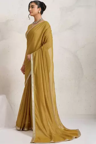 Mustard plain georgette designer saree with blouse piece