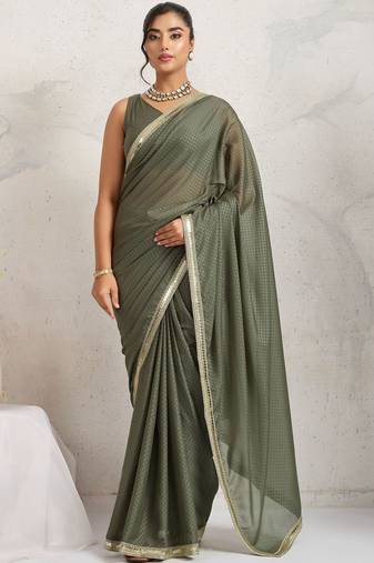 Olive plain georgette designer saree with blouse piece