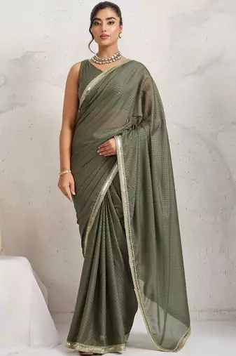 Olive plain georgette designer saree with blouse piece